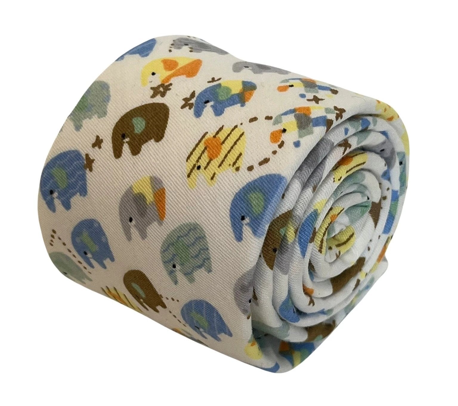Ivory cotton tie with colourful elephants design by Frederick Thomas Handmade Mens Ties
