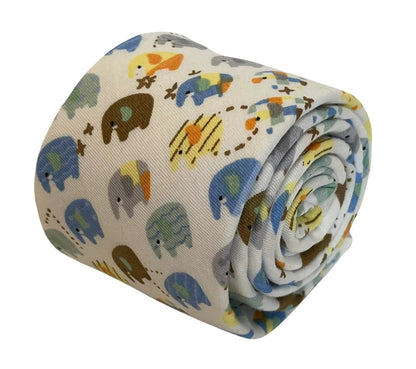Ivory cotton tie with colourful elephants design by Frederick Thomas Handmade Mens Ties