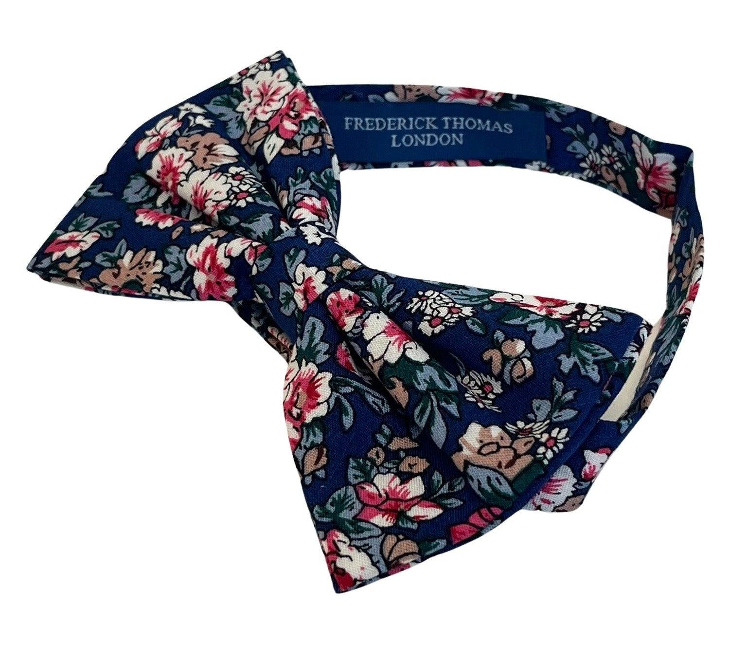 Navy Blue English Wildflower Garden, Rose, Daisy Design Bow Tie by Frederick Thomas Handmade Mens Ties