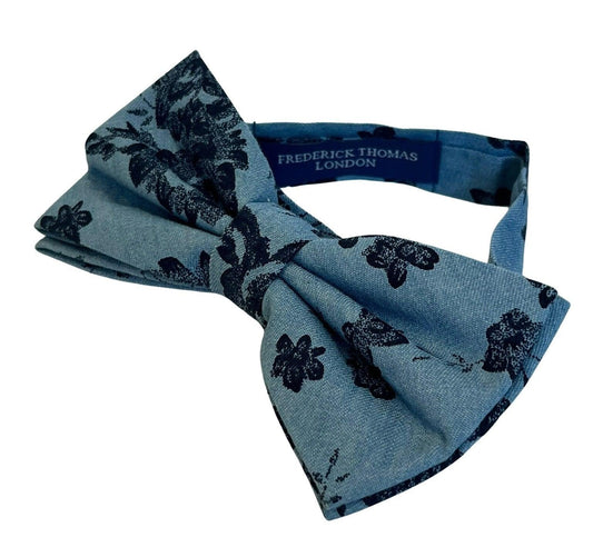 Medium Denim Blue Stencil English Wild-Flower Floral Design Bow Tie by Frederick Thomas Handmade Mens Ties