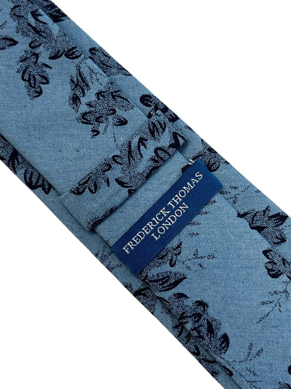Medium Denim Blue Stencil English Wild-Flower Floral Design Cotton Tie - Handmade Statement Piece for Professionals by Frederick Thomas Handmade Mens Ties