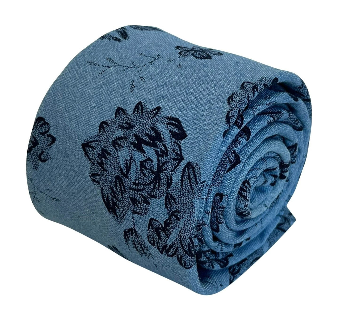 Medium Denim Blue Stencil English Wild-Flower Floral Design Cotton Tie - Handmade Statement Piece for Professionals by Frederick Thomas Handmade Mens Ties