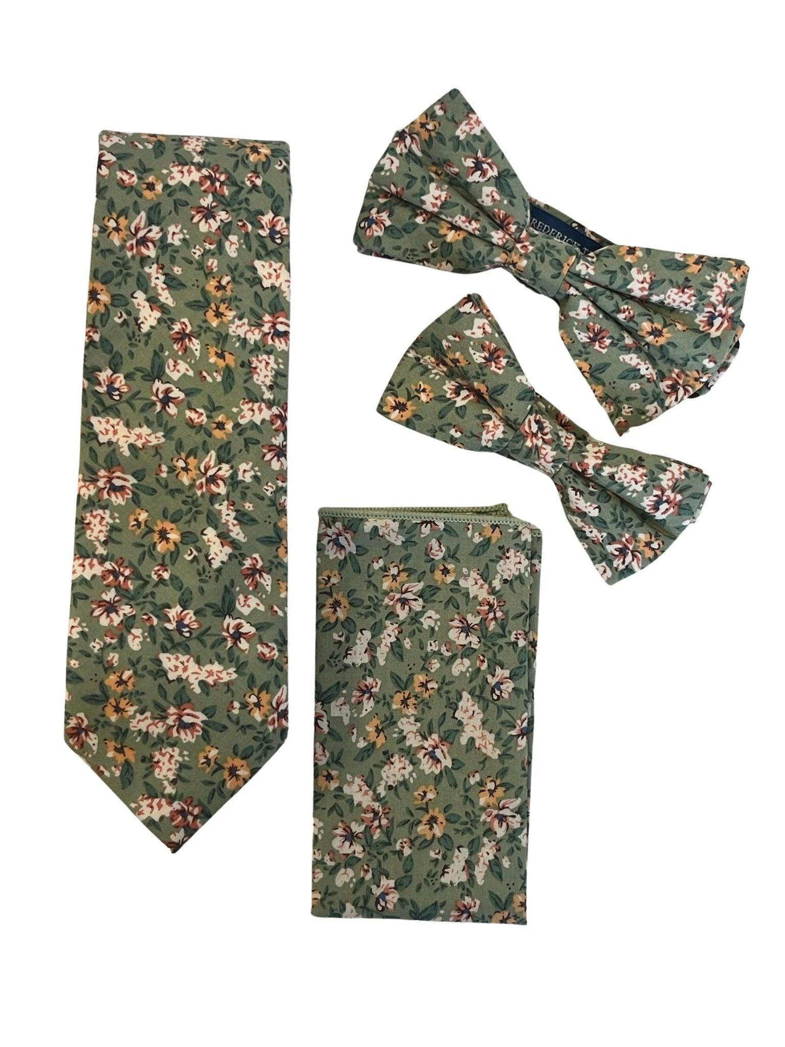 Sage green, light olive stencil english wild-flower floral design cotton pocket square by Frederick Thomas Handmade Mens Ties