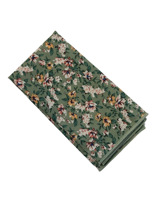 Sage green, light olive stencil english wild-flower floral design cotton pocket square by Frederick Thomas Handmade Mens Ties