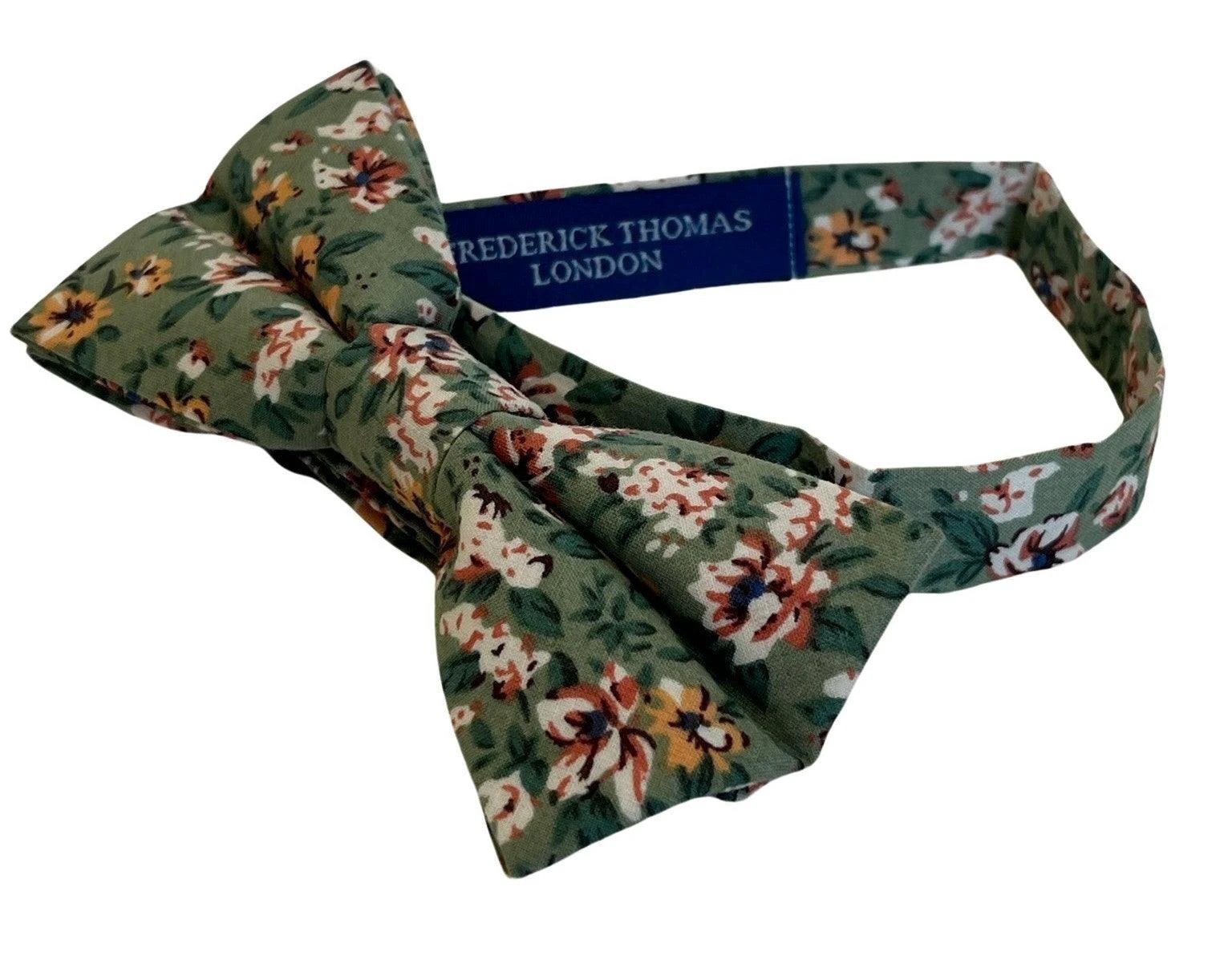 Sage green, light olive stencil english wild-flower cotton child's bow tie by Frederick Thomas Handmade Mens Ties