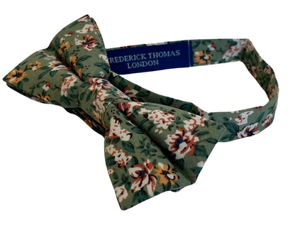 Sage green, light olive stencil english wild-flower cotton child's bow tie by Frederick Thomas Handmade Mens Ties