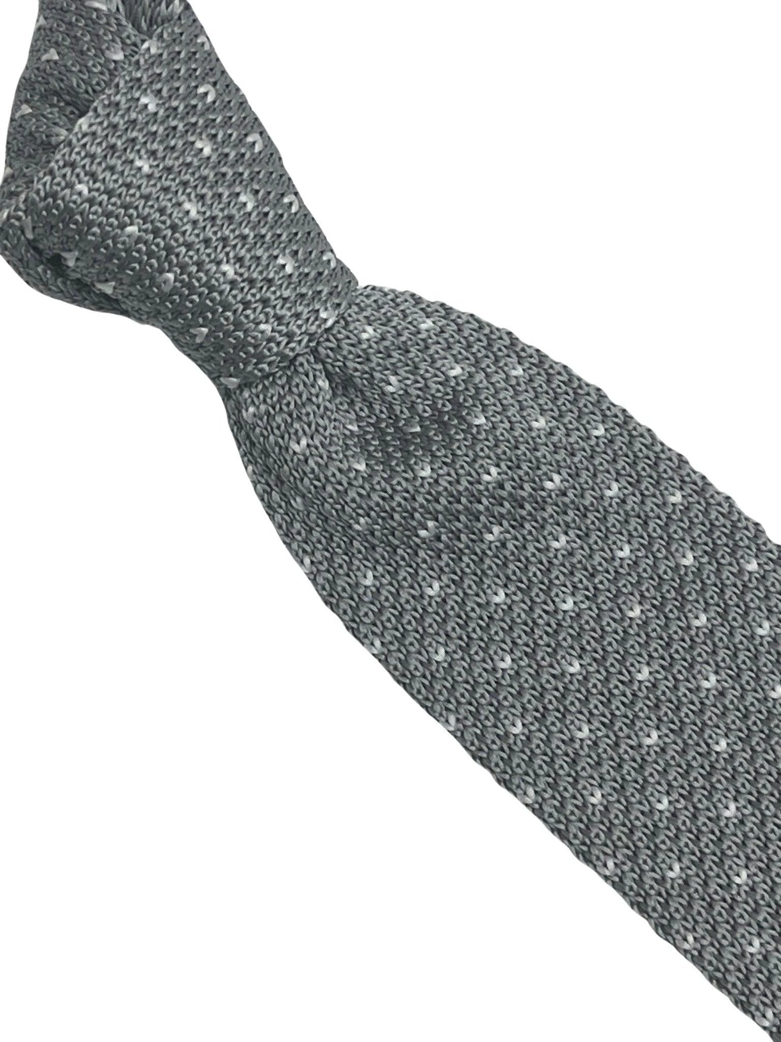 Light silver grey knitted tie with white pin spots by Frederick Thomas Handmade Mens Ties