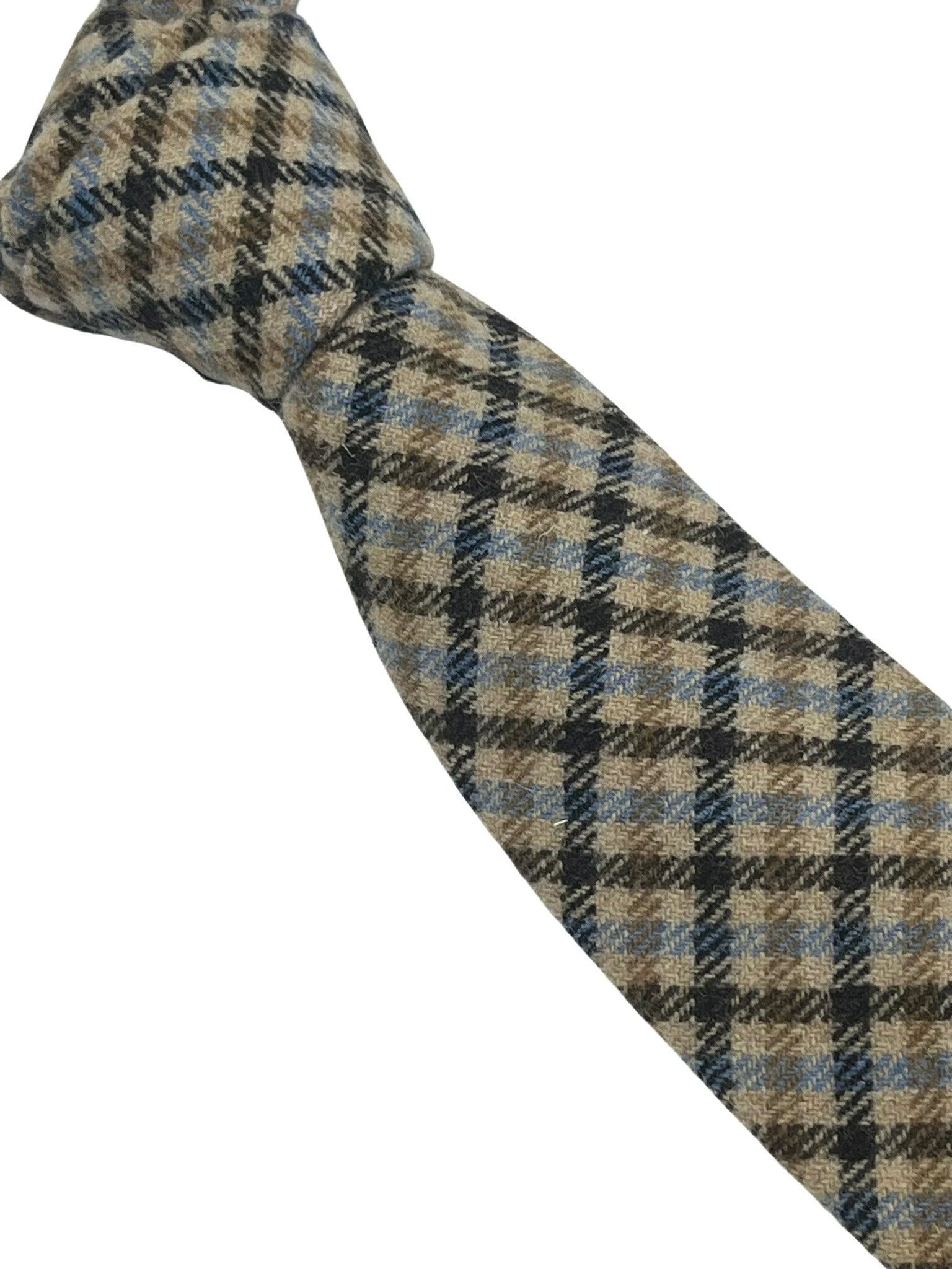 Beige taupe brown blue check wool tie by Frederick Thomas Handmade Mens Ties