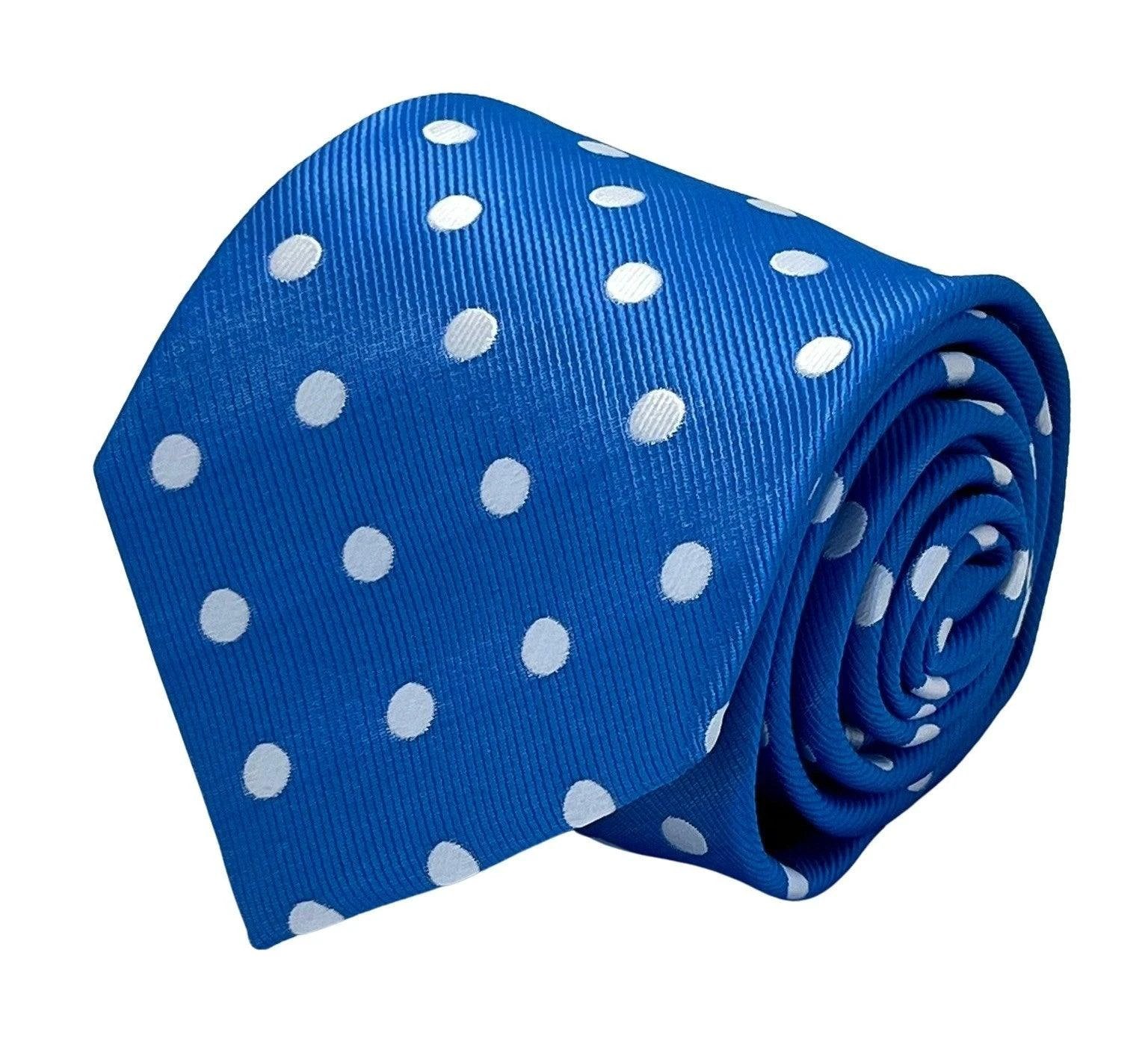 Medium electric blue tie with white polka spots by Frederick Thomas Handmade Mens Ties