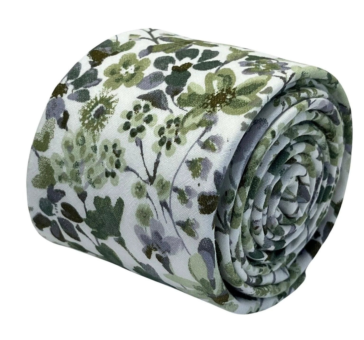 Green And White Tie With Wildflower English Meadow Spring Floral Design - Handmade By Frederick Thomas by Frederick Thomas Handmade Mens Ties