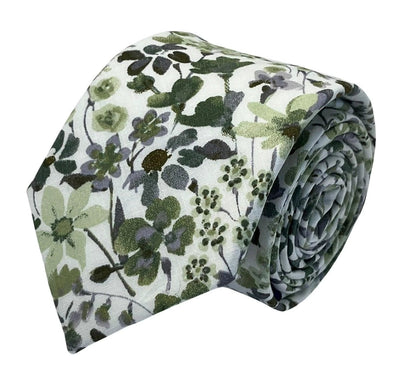 Green And White Tie With Wildflower English Meadow Spring Floral Design - Handmade By Frederick Thomas by Frederick Thomas Handmade Mens Ties