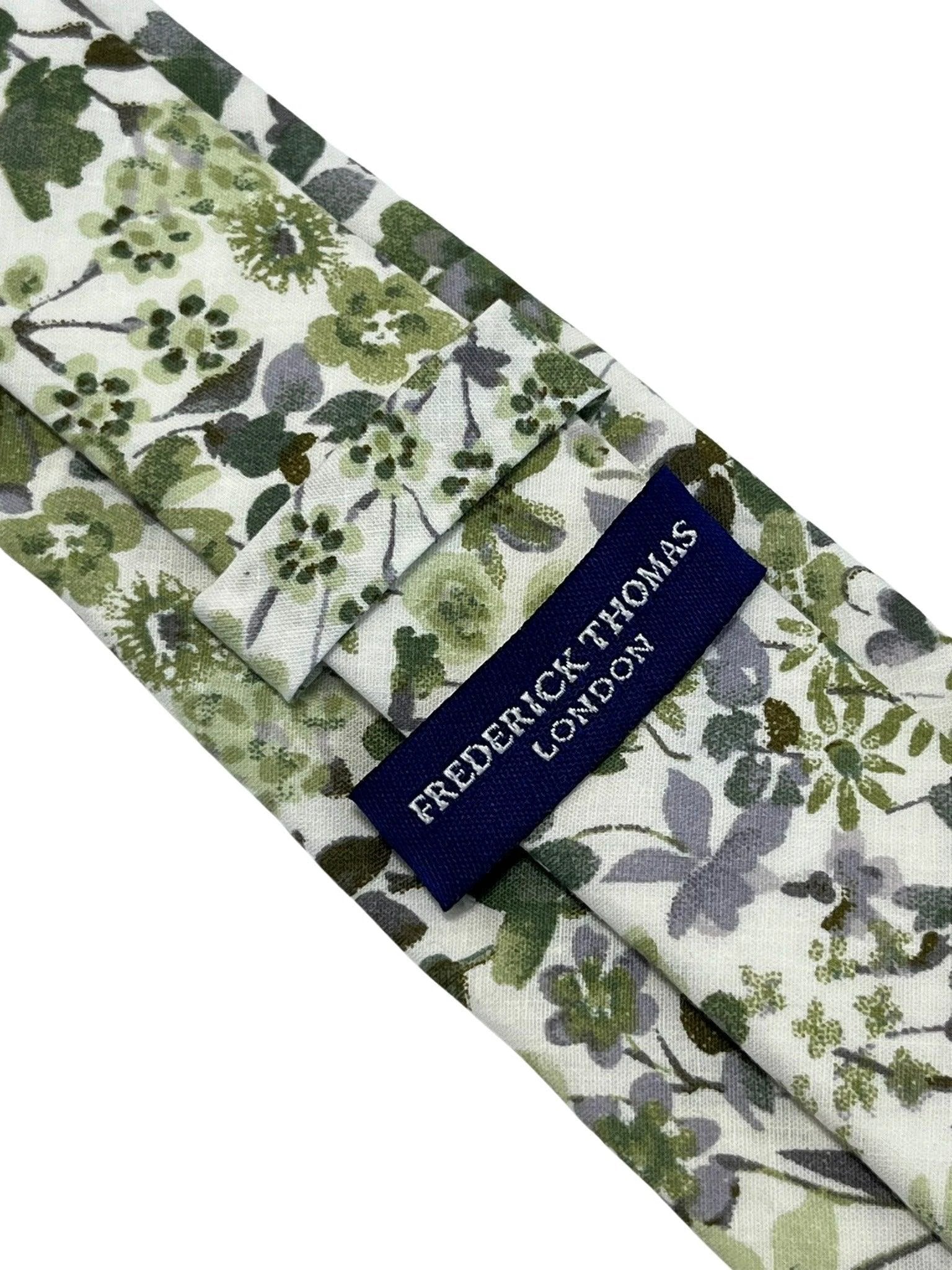 Green And White Tie With Wildflower English Meadow Spring Floral Design - Handmade By Frederick Thomas by Frederick Thomas Handmade Mens Ties