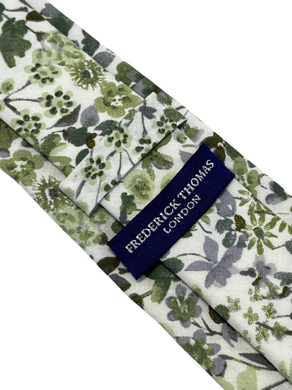 Green And White Tie With Wildflower English Meadow Spring Floral Design - Handmade By Frederick Thomas by Frederick Thomas Handmade Mens Ties