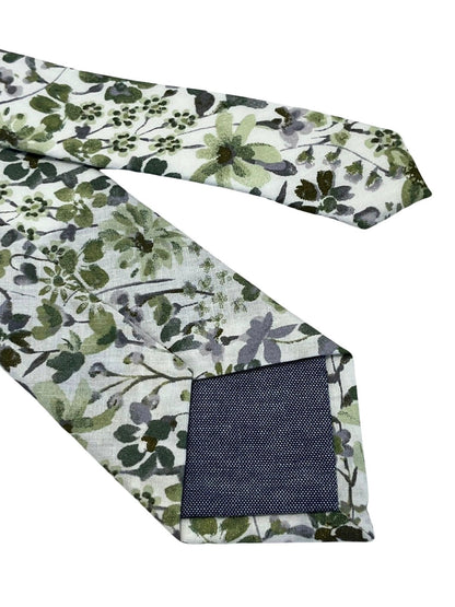 Green And White Tie With Wildflower English Meadow Spring Floral Design - Handmade By Frederick Thomas by Frederick Thomas Handmade Mens Ties
