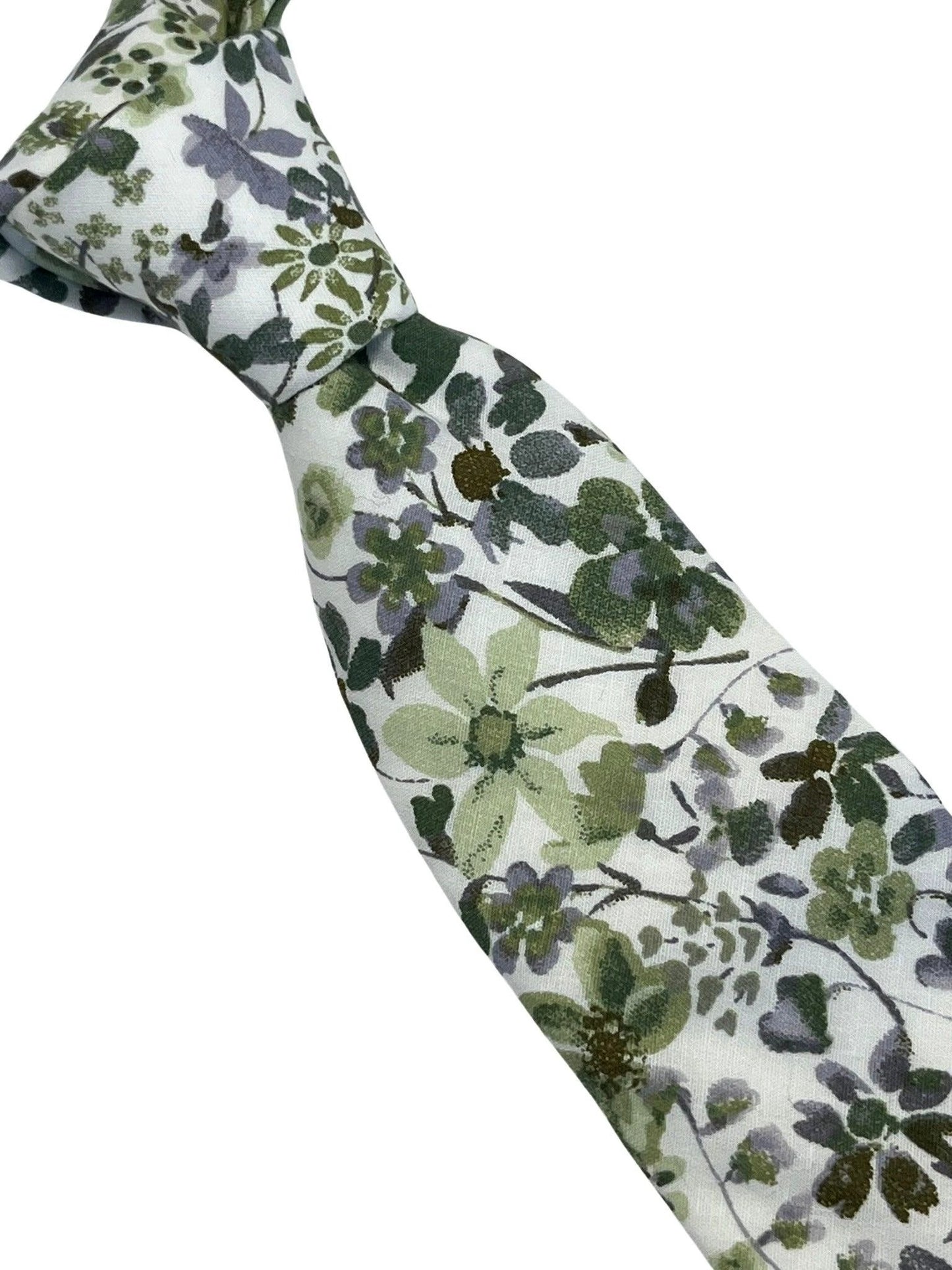 Green And White Tie With Wildflower English Meadow Spring Floral Design - Handmade By Frederick Thomas by Frederick Thomas Handmade Mens Ties