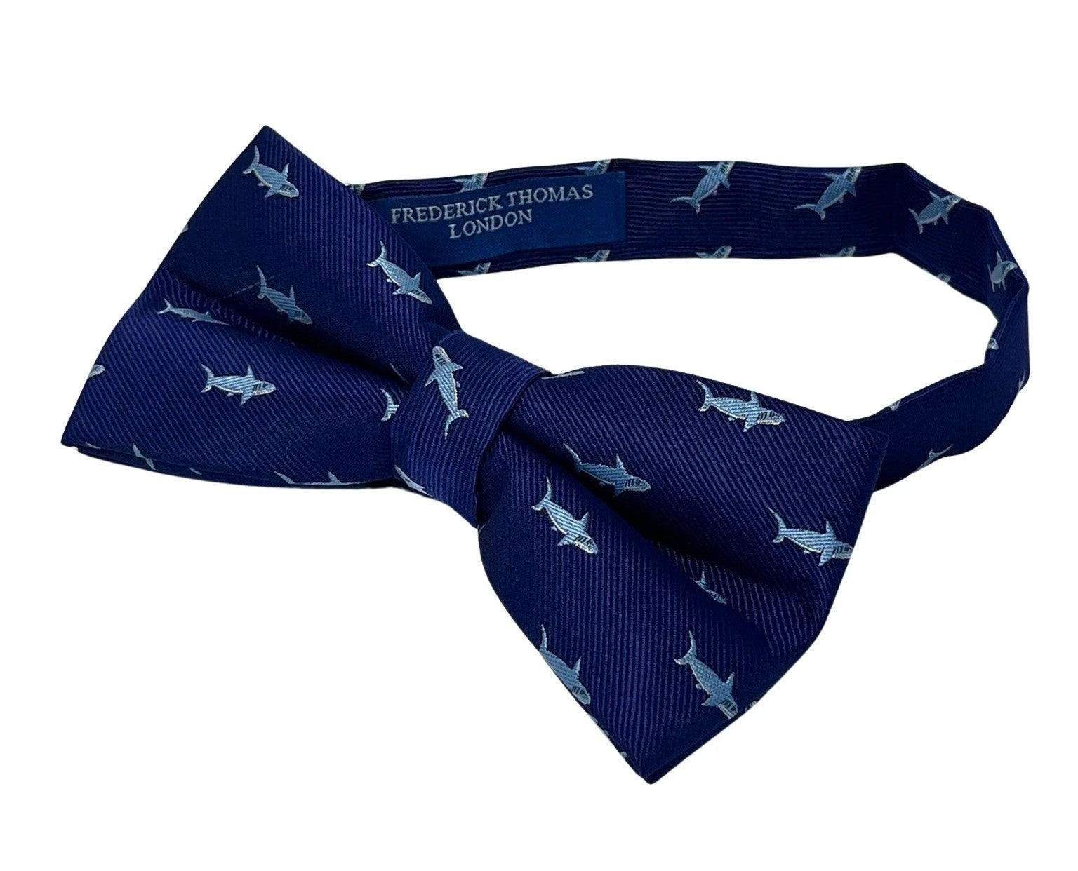 Navy blue with shark aquatic fish design adult bow tie by Frederick Thomas Handmade Mens Ties