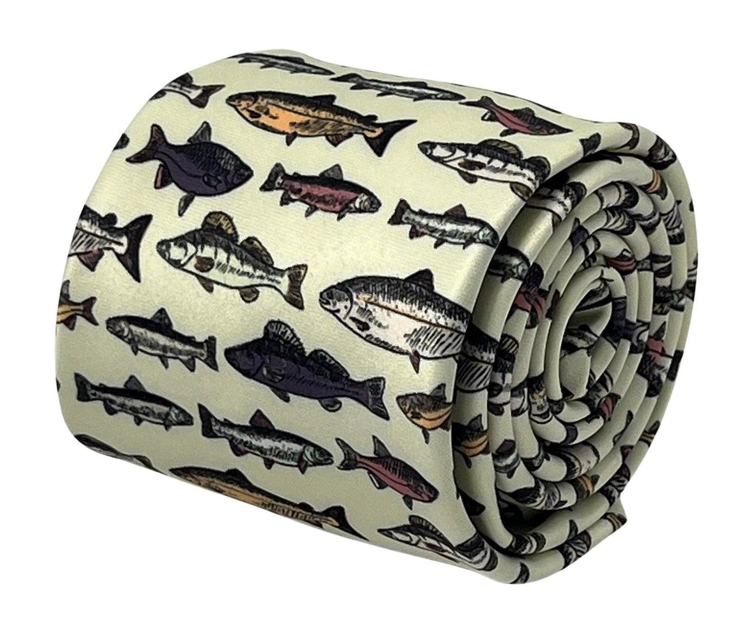 Ivory cream tie with bass carp trout sea fish-ing by Frederick Thomas Handmade Mens Ties