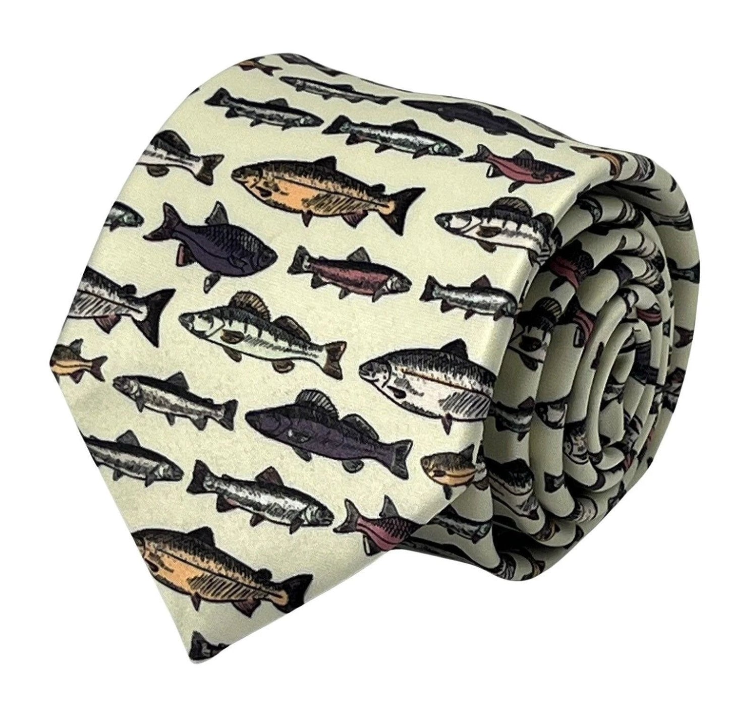 Ivory cream tie with bass carp trout sea fish-ing by Frederick Thomas Handmade Mens Ties