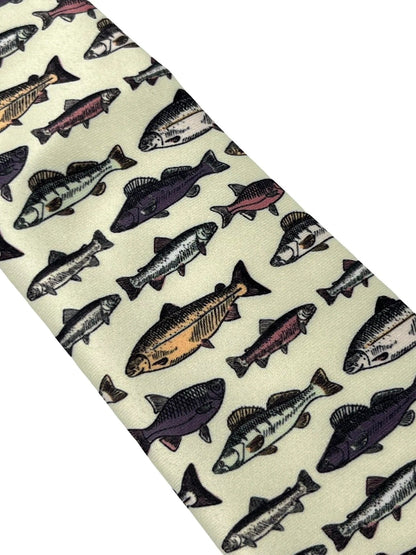 Ivory cream tie with bass carp trout sea fish-ing by Frederick Thomas Handmade Mens Ties
