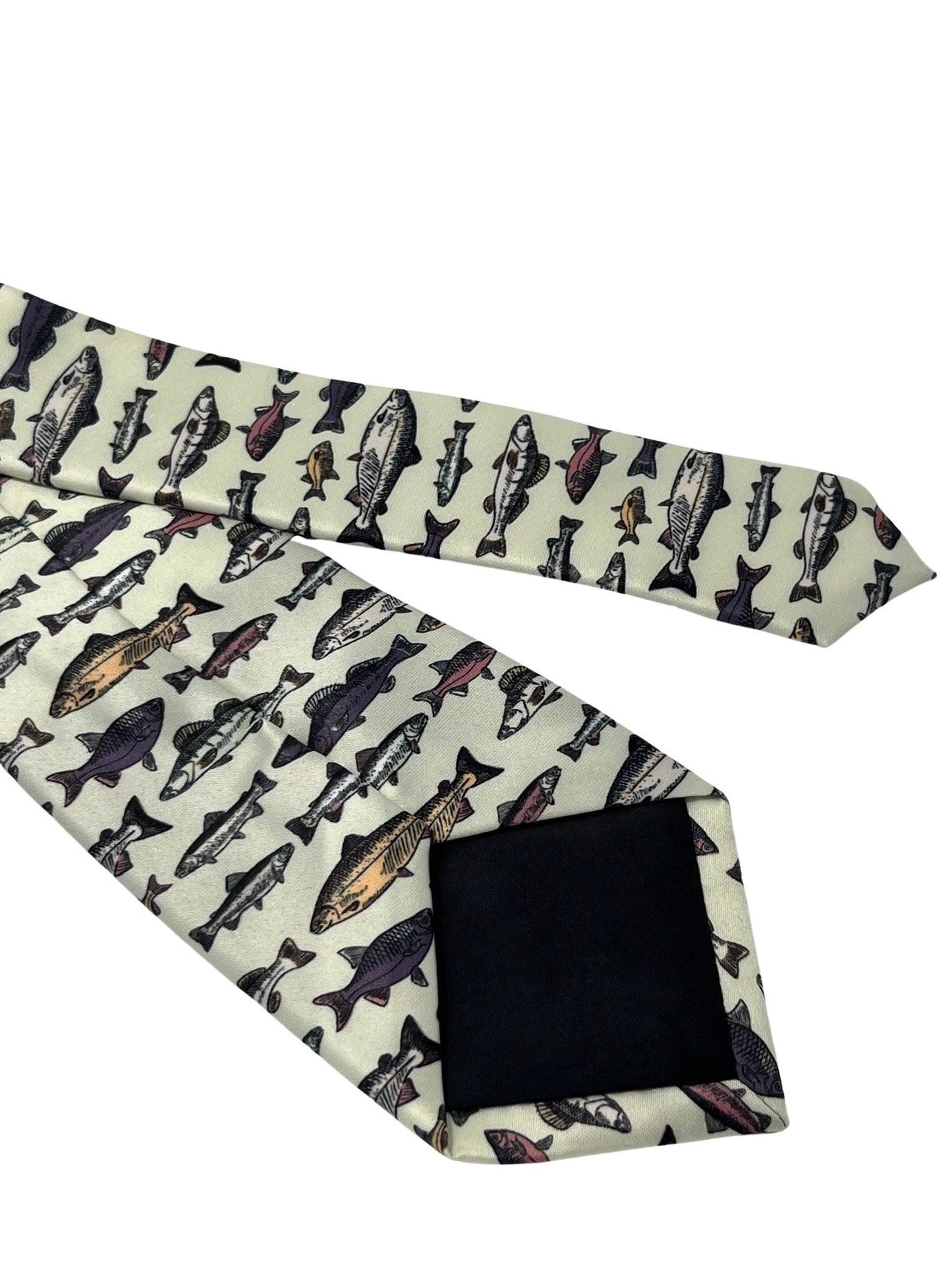 Ivory cream tie with bass carp trout sea fish-ing by Frederick Thomas Handmade Mens Ties