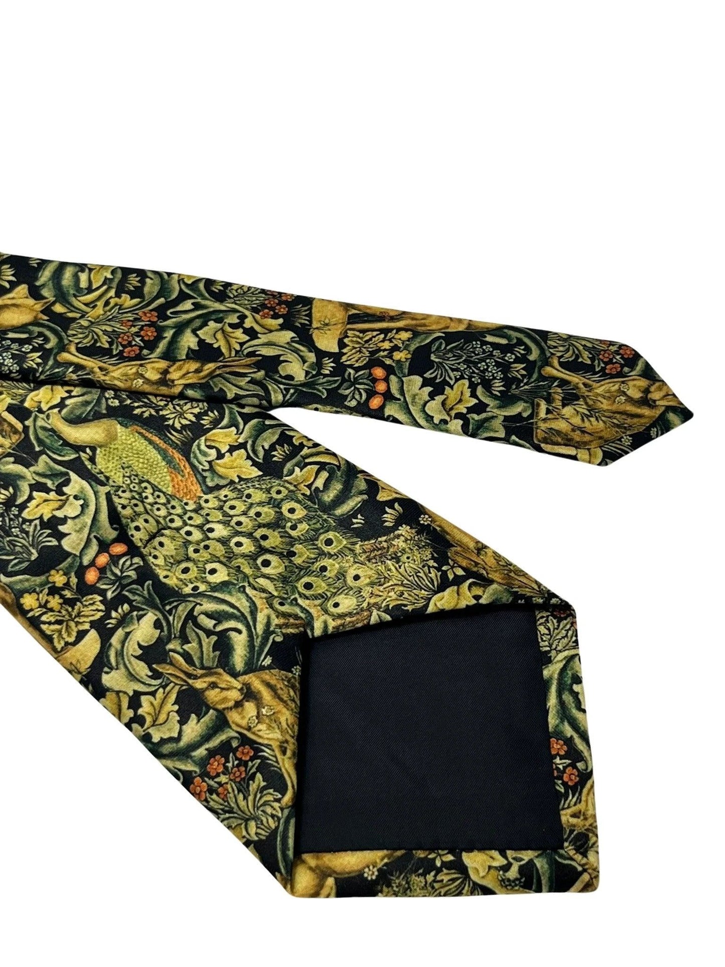 Black tie with peacock hare rabbit woodland liberty style by Frederick Thomas Handmade Mens Ties