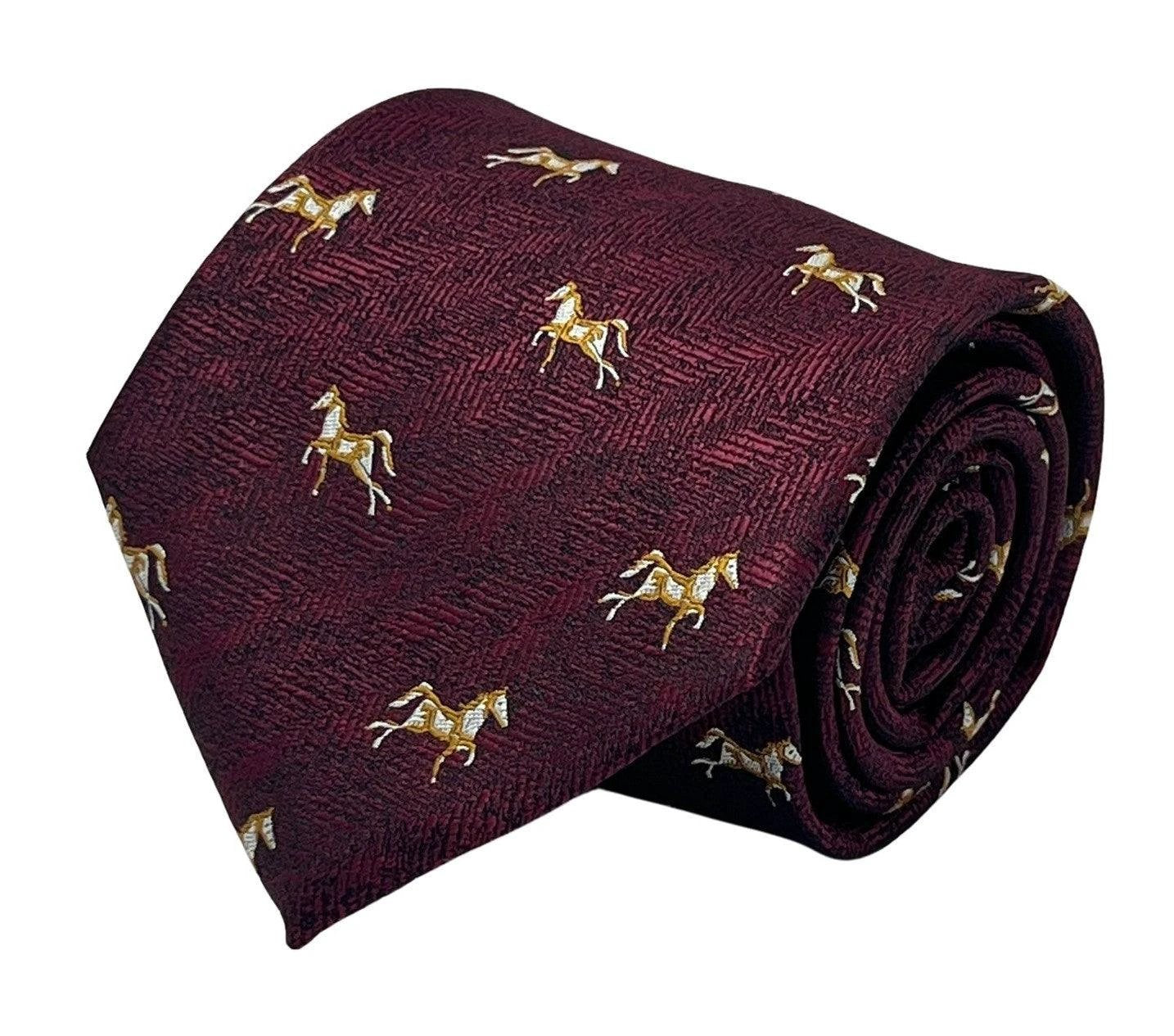 Maroon Herringbone Tie With Thoroughbred Horse Design - Handcrafted Luxury Finish For The Modern Professional by Frederick Thomas Handmade Mens Ties