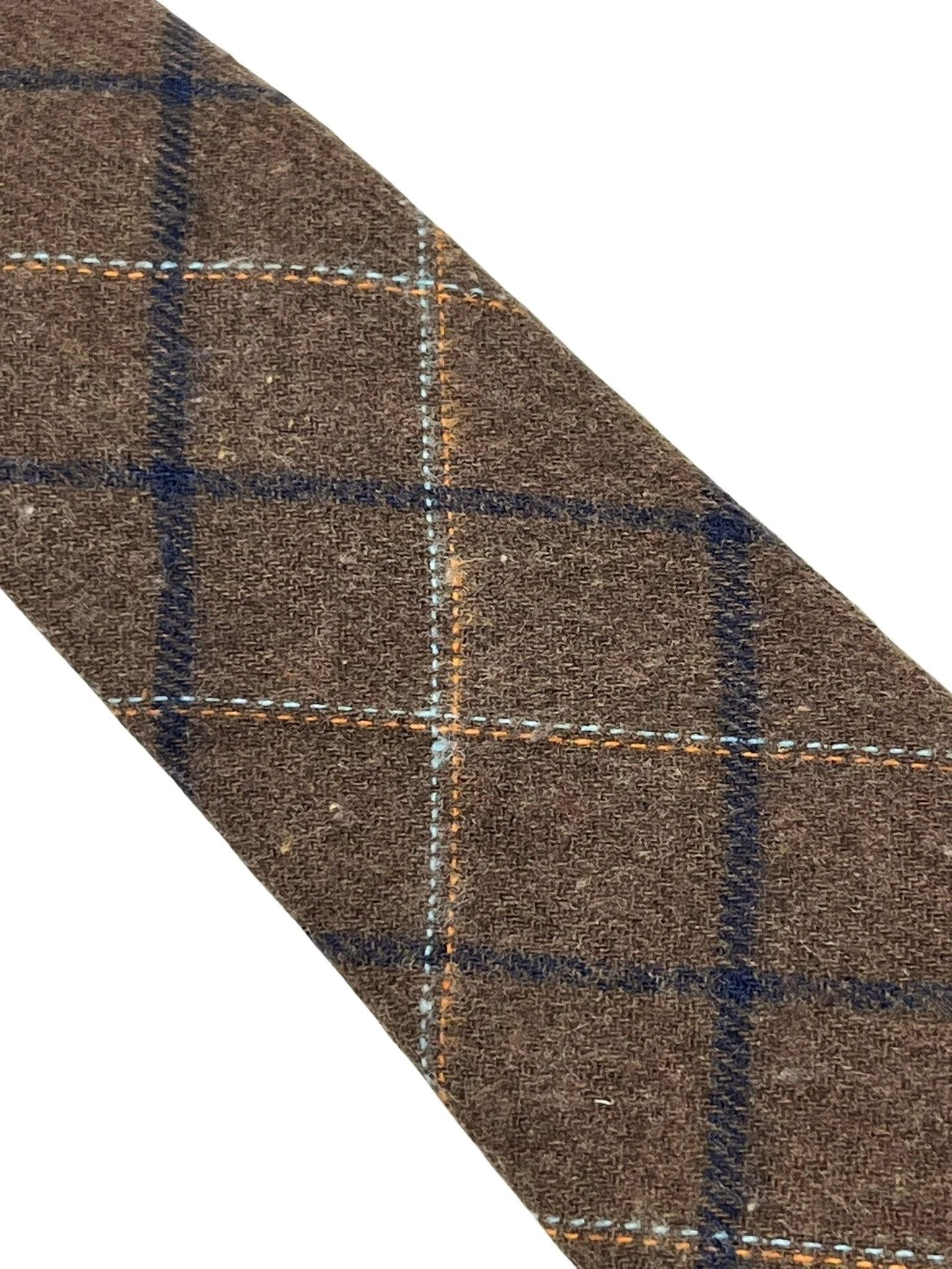 chocolate brown country tweed wool tie with blue check by Frederick Thomas Handmade Mens Ties