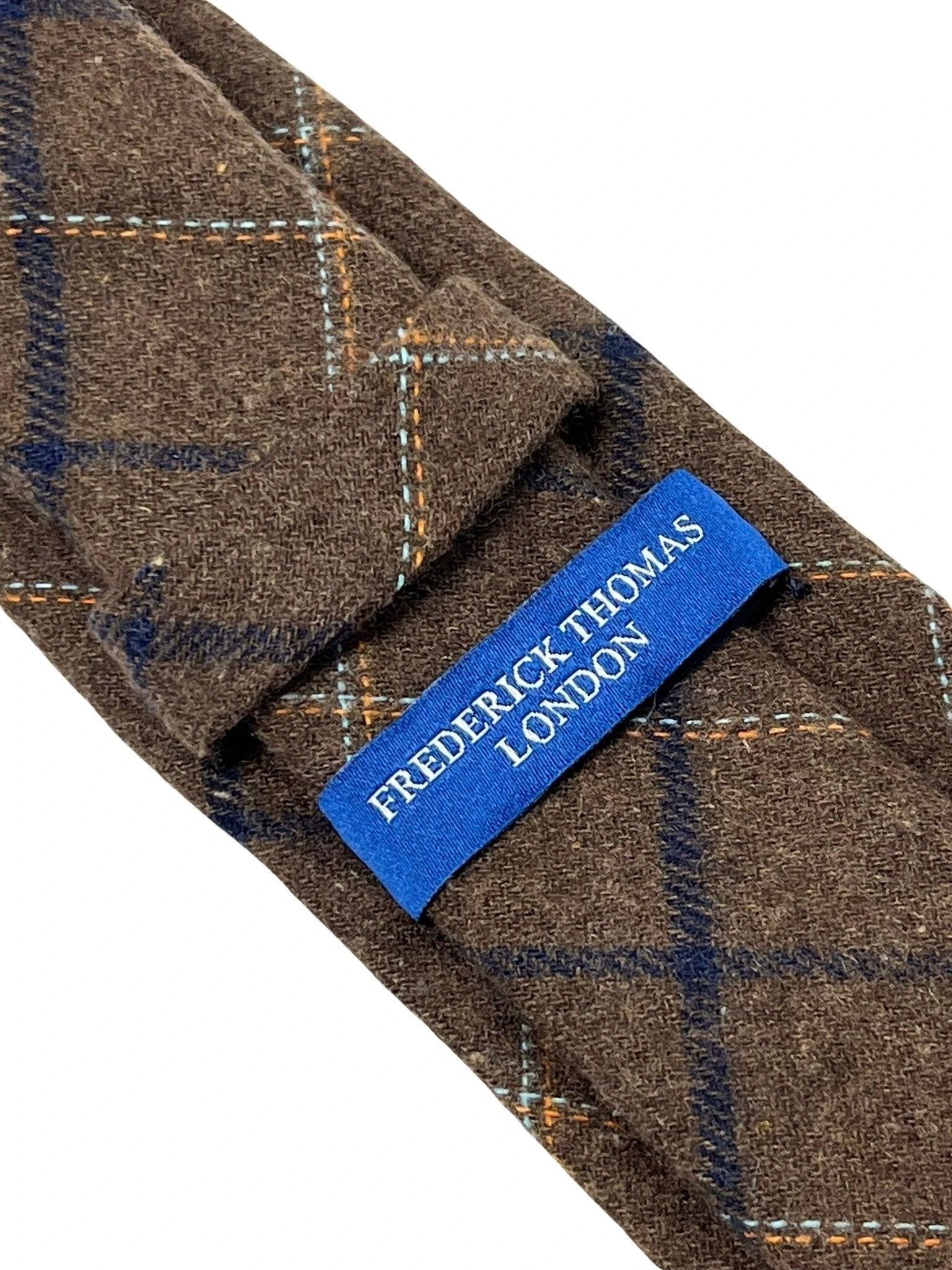 chocolate brown country tweed wool tie with blue check by Frederick Thomas Handmade Mens Ties