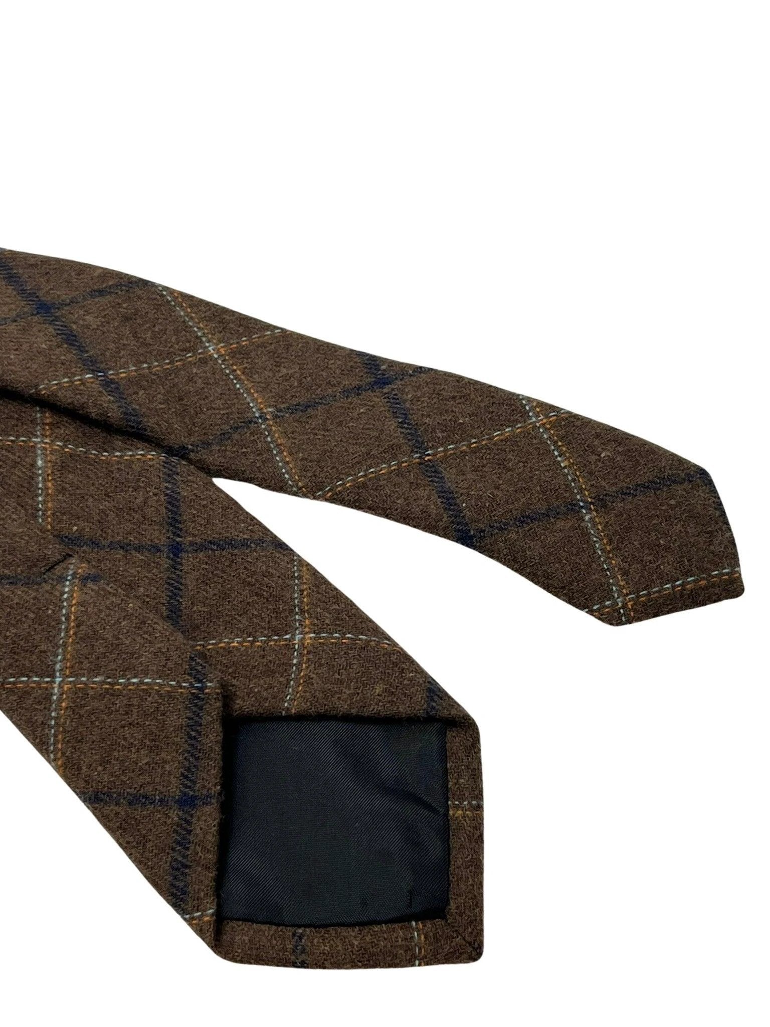 chocolate brown country tweed wool tie with blue check by Frederick Thomas Handmade Mens Ties