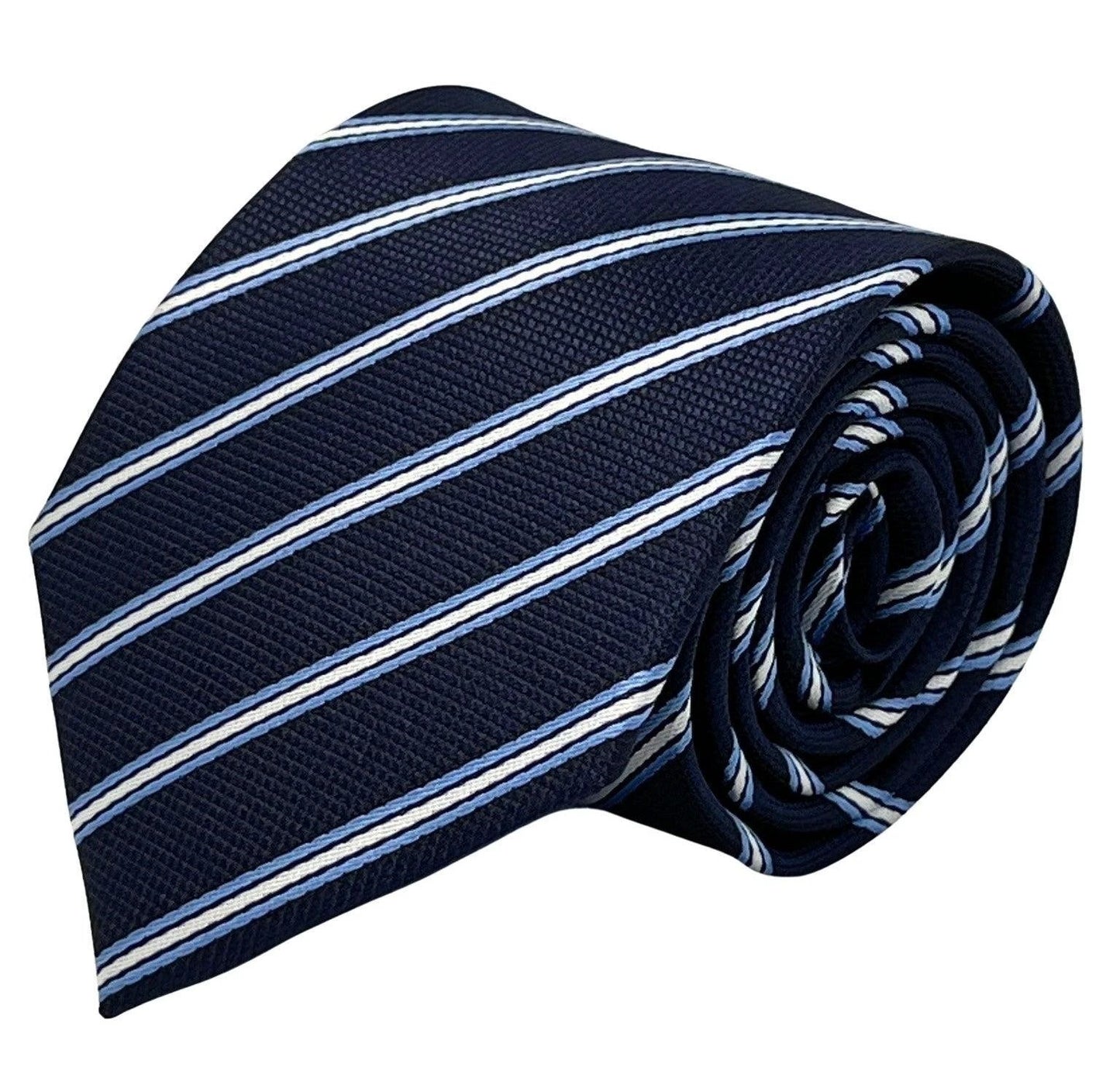 dark navy blue tie with thin light blue and white stripe by Frederick Thomas Handmade Mens Ties