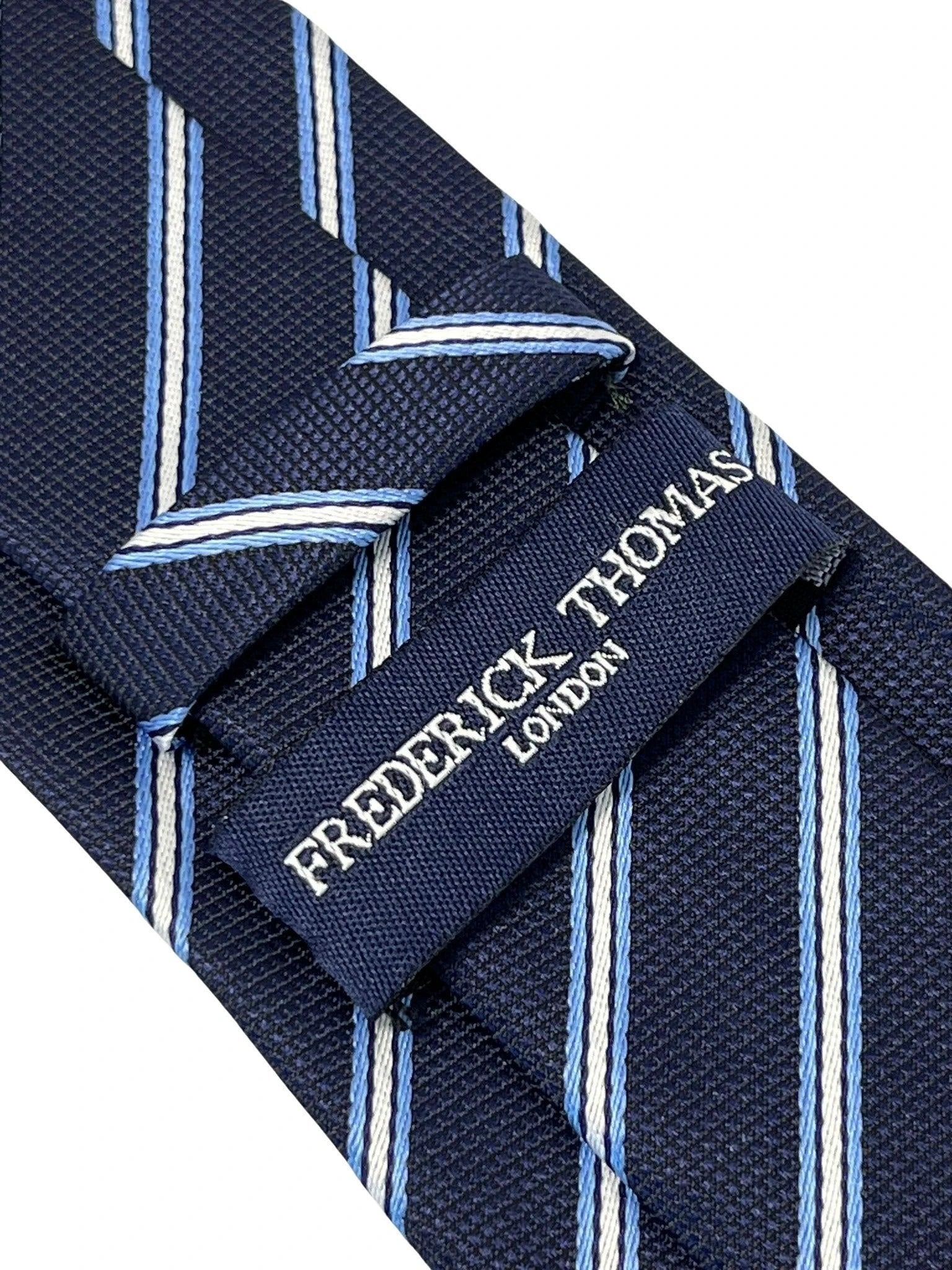 dark navy blue tie with thin light blue and white stripe by Frederick Thomas Handmade Mens Ties