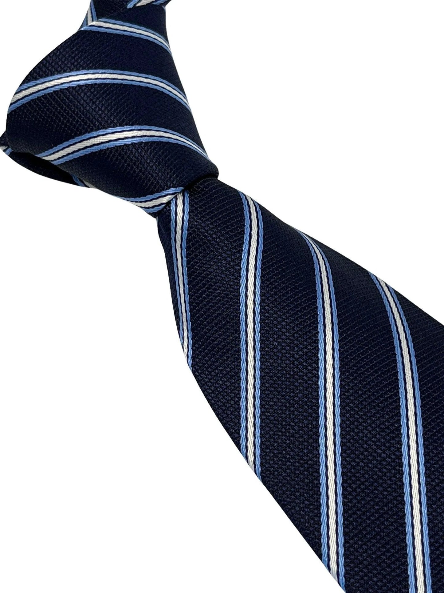 dark navy blue tie with thin light blue and white stripe by Frederick Thomas Handmade Mens Ties