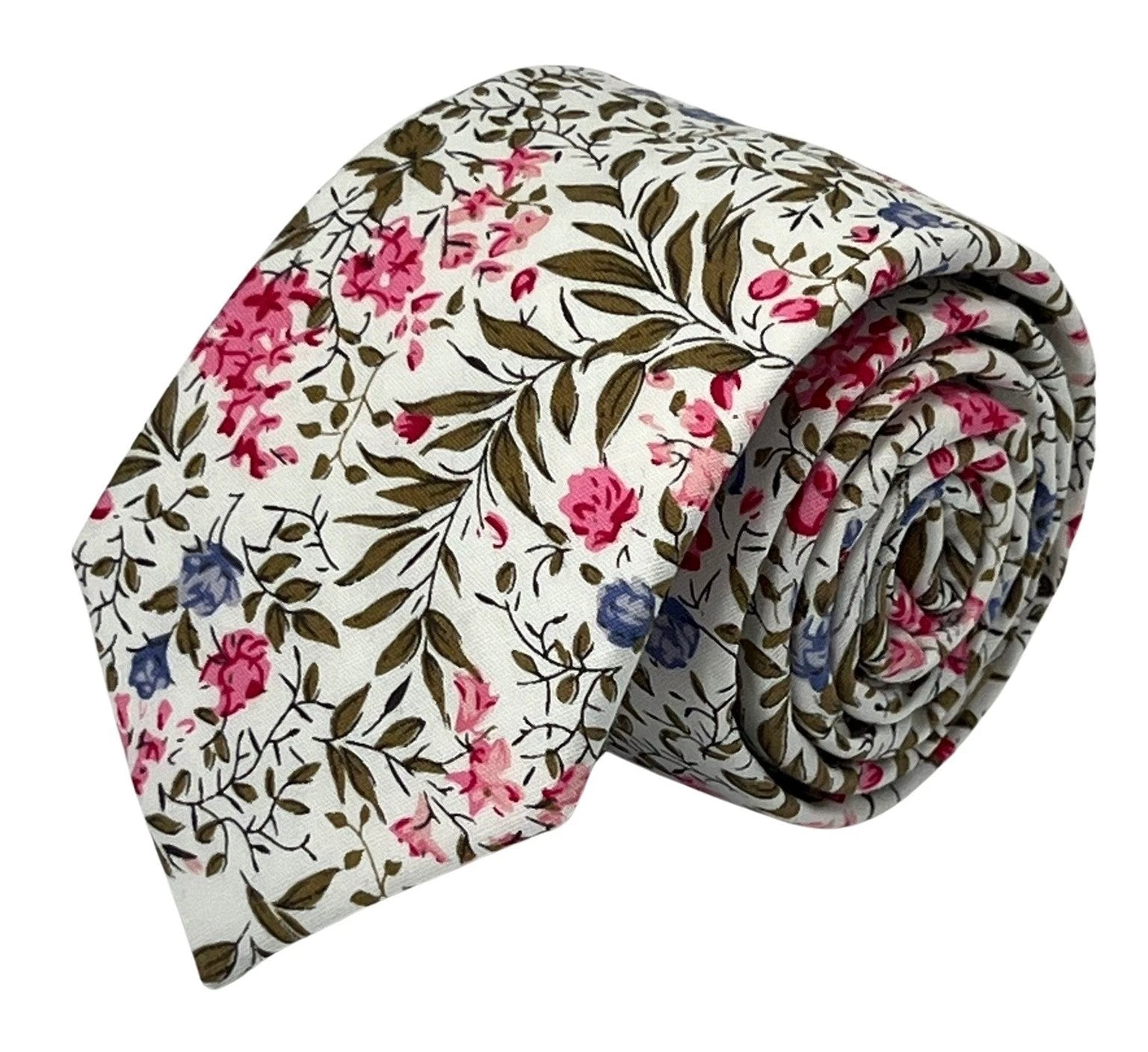 Matching Ivory Pink Cotton Tie And Pocket Square With Wildflower Design - Subtle Botanical Elegance For Formalwear by Frederick Thomas Handmade Mens Ties