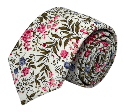 Matching Ivory Pink Cotton Tie And Pocket Square With Wildflower Design - Subtle Botanical Elegance For Formalwear by Frederick Thomas Handmade Mens Ties