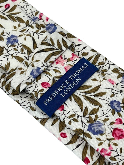 Ivory Pink Cotton Tie With English Wildflower Garden Design - Handcrafted Statement Piece For Weddings And Formal Wear by Frederick Thomas Handmade Mens Ties