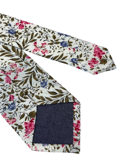 Matching Ivory Pink Cotton Tie And Pocket Square With Wildflower Design - Subtle Botanical Elegance For Formalwear by Frederick Thomas Handmade Mens Ties