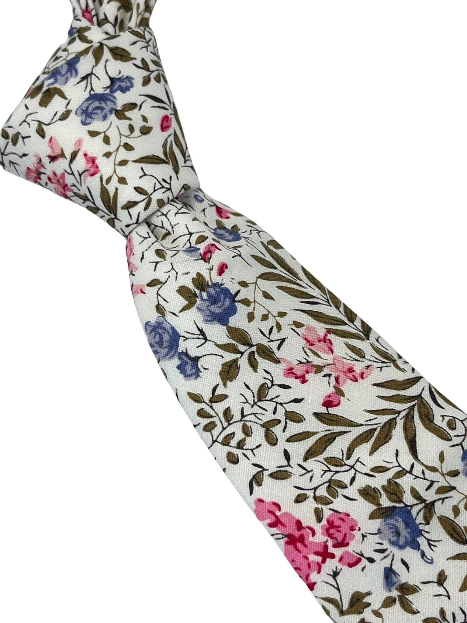 Matching Ivory Pink Cotton Tie And Pocket Square With Wildflower Design - Subtle Botanical Elegance For Formalwear by Frederick Thomas Handmade Mens Ties