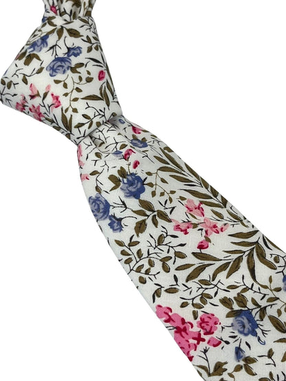 Matching Ivory Pink Cotton Tie And Pocket Square With Wildflower Design - Subtle Botanical Elegance For Formalwear by Frederick Thomas Handmade Mens Ties
