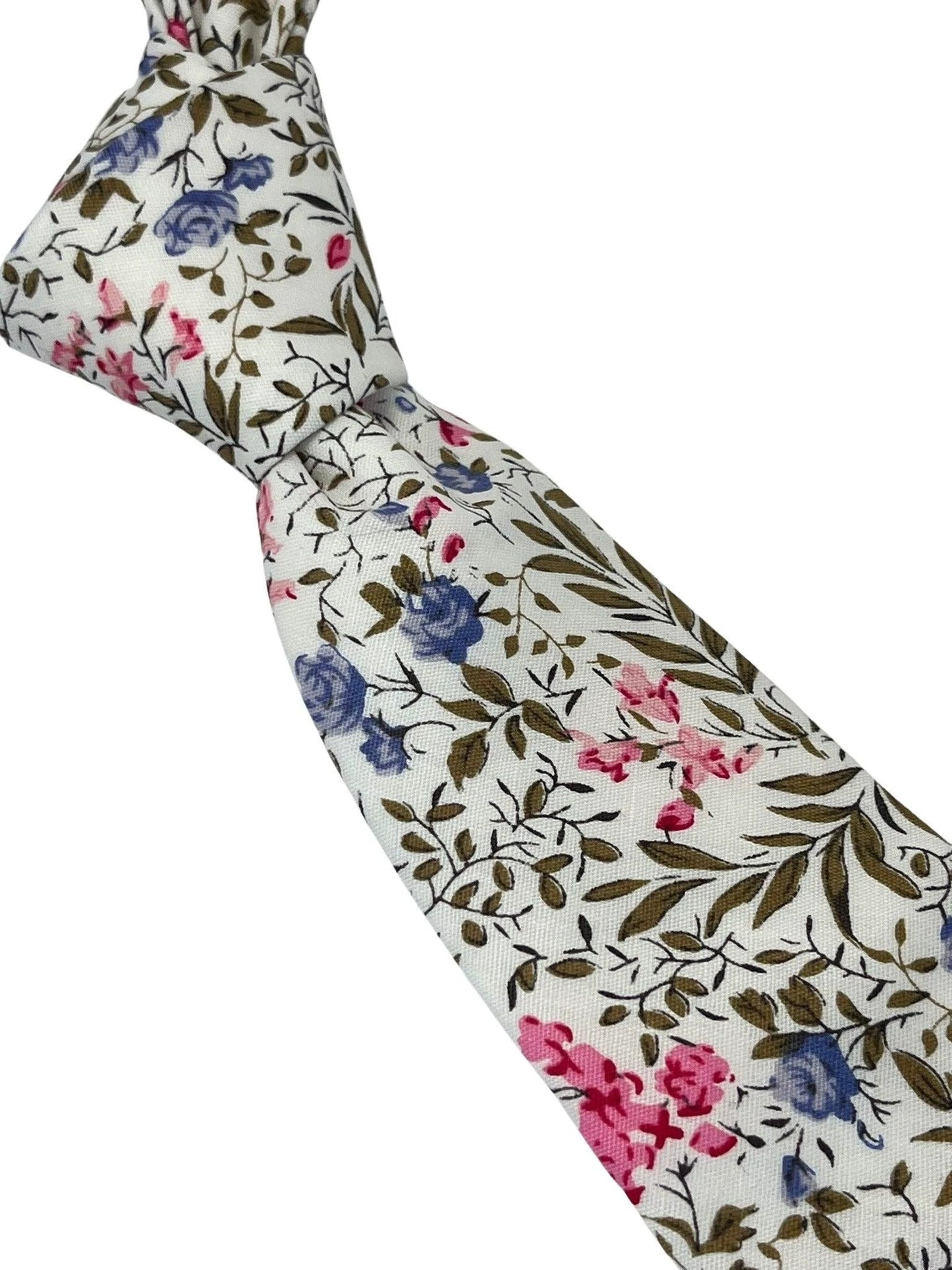 Ivory Pink Cotton Tie With English Wildflower Garden Design - Handcrafted Statement Piece For Weddings And Formal Wear by Frederick Thomas Handmade Mens Ties