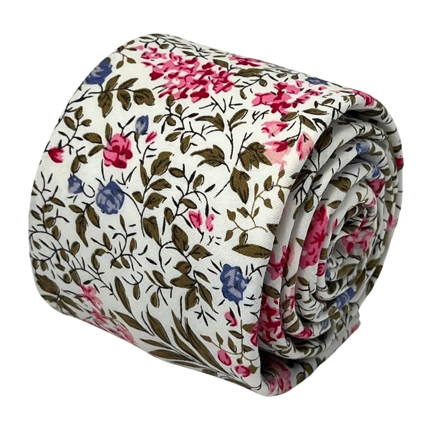 Ivory Pink Cotton Tie With English Wildflower Garden Design - Handcrafted Statement Piece For Weddings And Formal Wear by Frederick Thomas Handmade Mens Ties