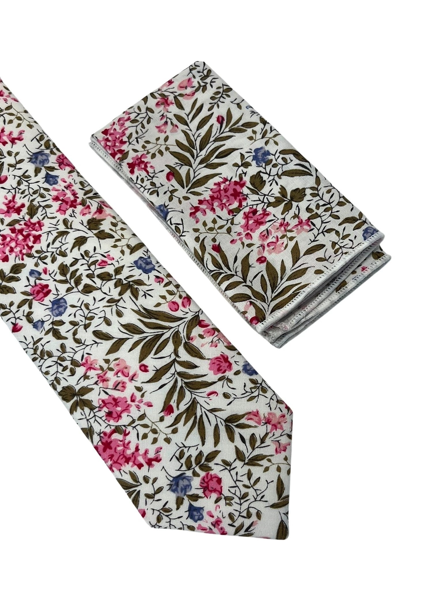 Matching Ivory Pink Cotton Tie And Pocket Square With Wildflower Design - Subtle Botanical Elegance For Formalwear by Frederick Thomas Handmade Mens Ties