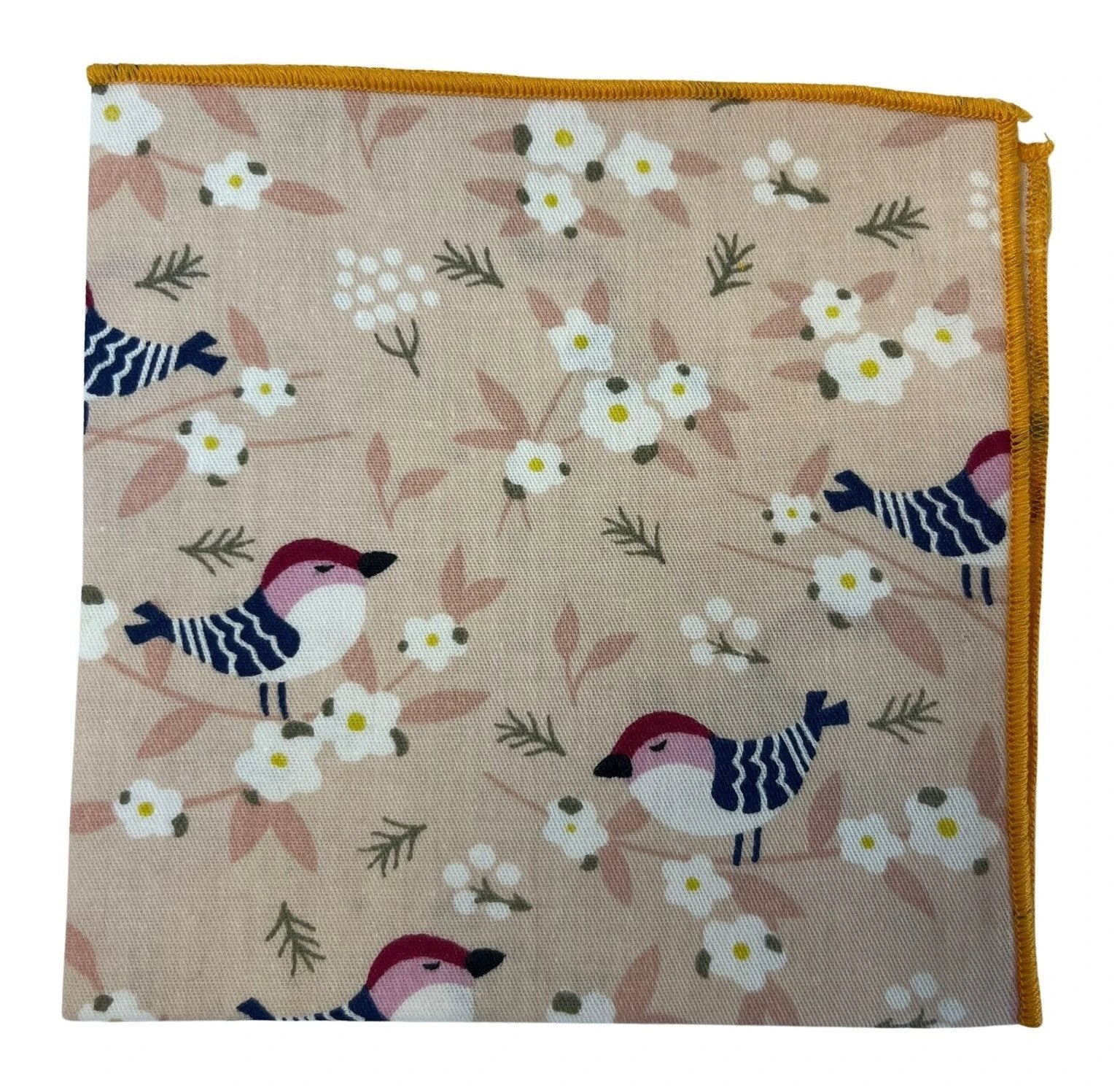 Light Peachy Pink Cotton Pocket Square With Pale Bird And Floral Print - Handmade Breathable Accessory For Suits by Frederick Thomas Handmade Mens Ties