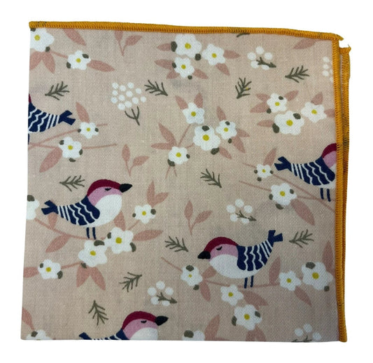 Light Peachy Pink Cotton Pocket Square With Pale Bird And Floral Print - Handmade Breathable Accessory For Suits by Frederick Thomas Handmade Mens Ties
