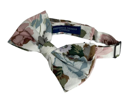 Watercolour Style English Pink Rose Garden Cotton Bow Tie - Pre-Tied Cotton Accessory With Subtle Rose Print by Frederick Thomas Handmade Mens Ties