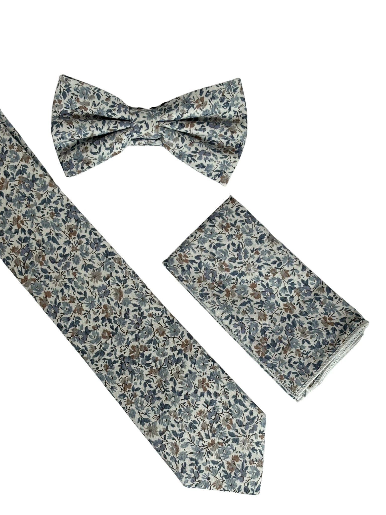 Dusky Blue English Wildflower Design Cotton Bow Tie by Frederick Thomas Handmade Mens Ties