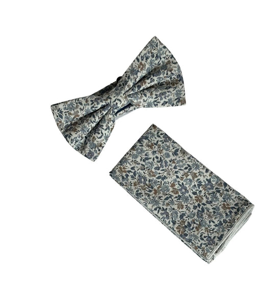 Dusky Blue English Wildflower Cotton Bow Tie And Pocket Square Set For Weddings - Breathable Handcrafted Mens Accessory by Frederick Thomas Handmade Mens Ties