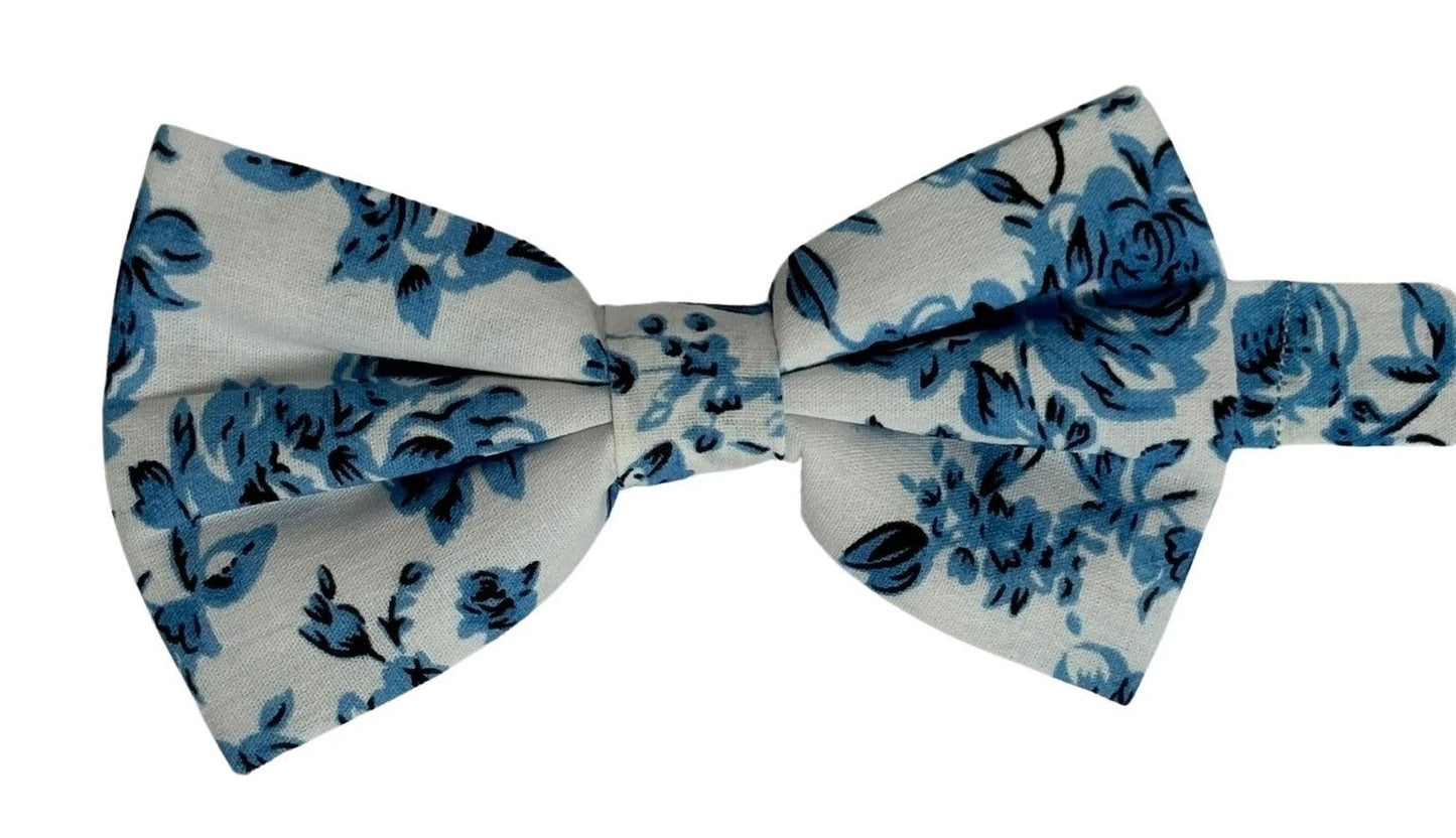 Ivory Cotton Bow Tie with Blue Rose Design by Frederick Thomas Handmade Mens Ties