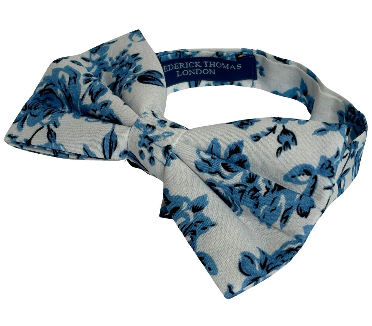 Ivory Cotton Bow Tie with Blue Rose Design by Frederick Thomas Handmade Mens Ties