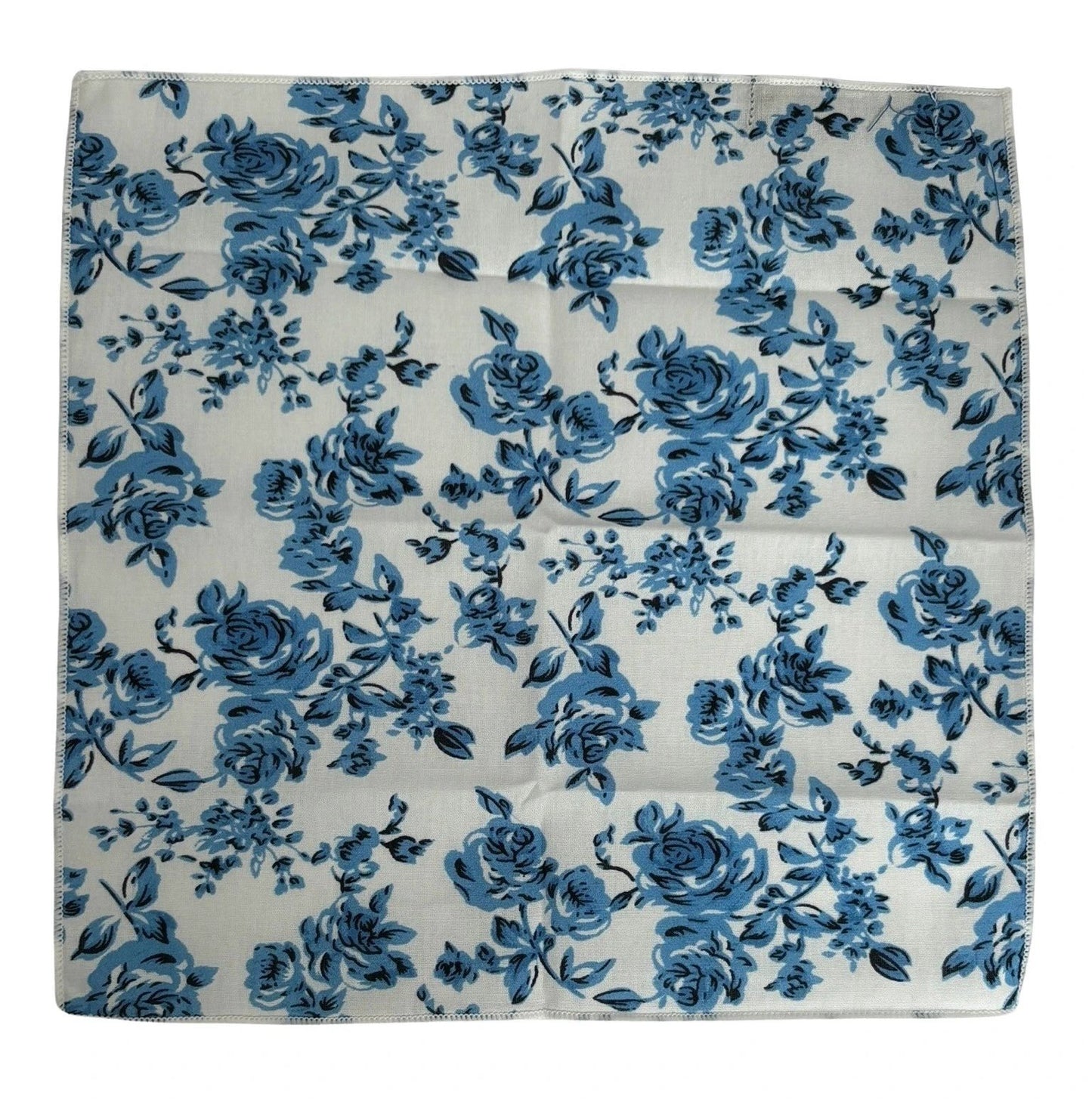 Ivory Cotton Pocket Square With Blue Rose Design - Handcrafted By Frederick Thomas For Timeless Tailoring by Frederick Thomas Handmade Mens Ties