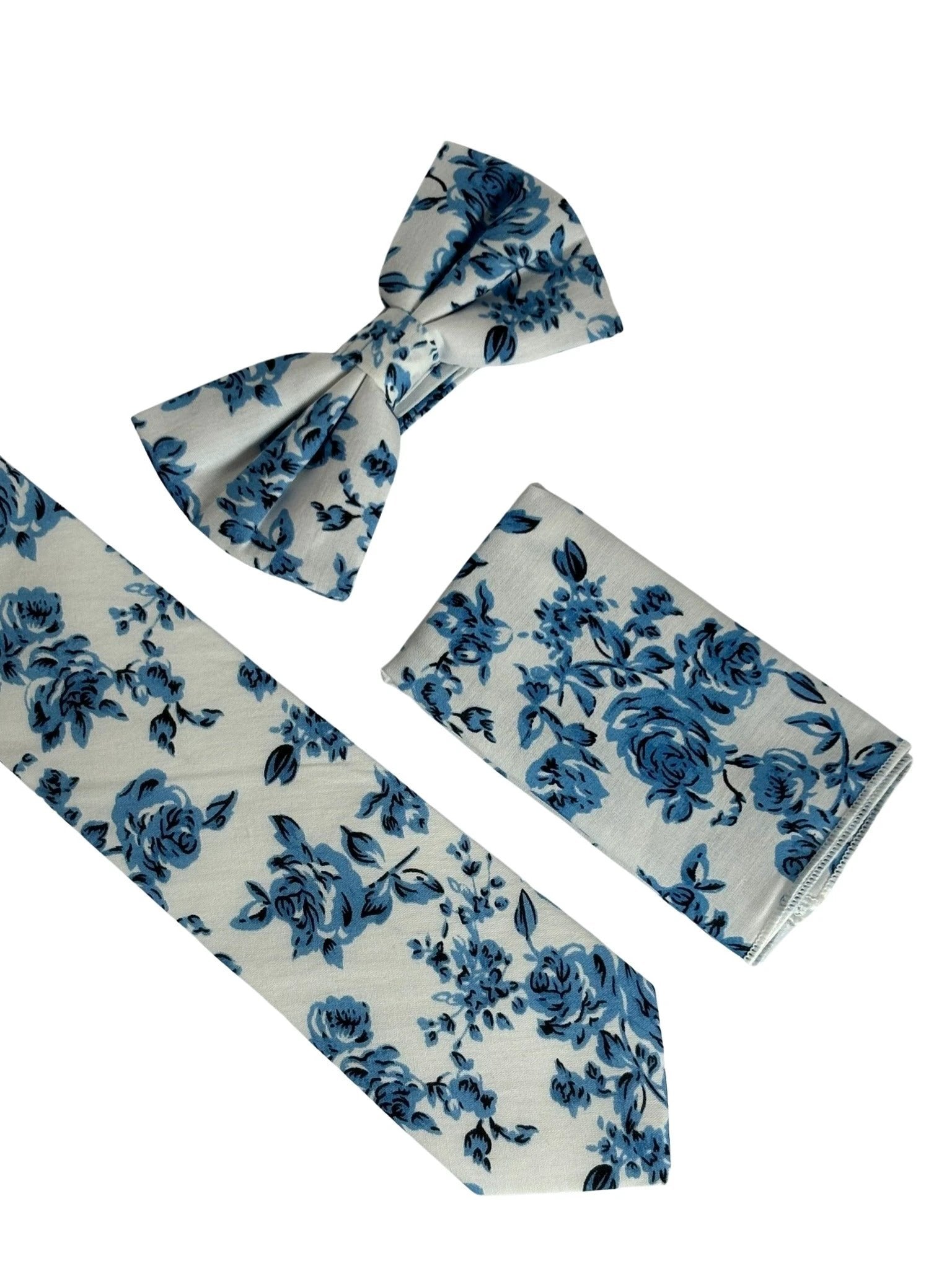 Ivory Cotton Bow Tie with Blue Rose Design by Frederick Thomas Handmade Mens Ties